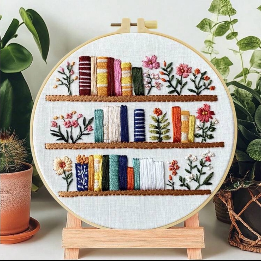 Hand-Embroidered Bookshelf Hoop Art — Multicolor on White